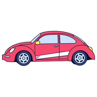 A sporty VW Beetle with a sleek design and a vibrant red color. The car features bold white racing stripes running smoothly from the front to the back. On the sides, there are eye-catching decals that represent speed and performance. The wheels have a shiny alloy finish, and the headlights are rounded, giving the car a distinctive look. The background is minimal, emphasizing the sporty features of the vehicle.