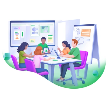 A modern conference room filled with a diverse team of designers engaging in a brainstorming session. The room features a large, sleek table surrounded by colorful chairs, with digital screens displaying branding concepts. A whiteboard at the side is filled with notes and sketches. Various stationery items like markers and sticky notes are scattered across the table. The designers, including individuals of different genders and ethnicities, are actively discussing and collaborating, with some sketching on tablets and others taking notes. Natural light floods the room through large windows, enhancing the creative atmosphere.
