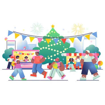 A vibrant scene features a diverse group of people celebrating a seasonal festival. Colorful lights are strung between buildings, illuminating the area with a warm glow. Festive decorations, including banners and garlands, hang from structures, adding to the celebratory atmosphere. Children are running and laughing, some holding balloons in bright hues. Adults are gathered in small groups, chatting and enjoying food from nearby stalls. In the background, a large tree is adorned with shimmering ornaments and lights, creating a focal point for the gathering. Fireworks light up the night sky, enhancing the joyful ambiance of the festival.