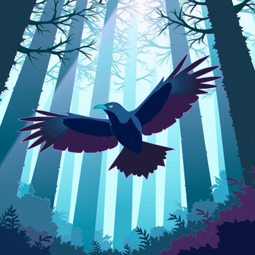 A raven with glossy black feathers is soaring through a dense, misty forest. Its wings are spread wide, showcasing sharp, pointed tips as it glides effortlessly. The forest is filled with tall trees, their trunks covered in moss, and the underbrush is thick with ferns. Sunlight trickles through the canopy above, creating beams of light that illuminate patches of the forest floor, contrasting with the swirling mist that adds an air of mystery to the scene. The raven's keen eyes scan the surroundings as it navigates through the ethereal atmosphere.