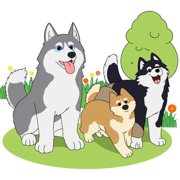 A family of three huskies standing together on a grassy patch in a park. The first husky is a large, gray and white male with striking blue eyes, sitting proudly with his tongue out. Next to him is a medium-sized female husky, with black and white fur and bright, playful eyes, playfully tilting her head to the side. The smallest husky, a fluffy puppy with a mix of brown and white fur, is standing between them, looking up with big, curious eyes. In the background, there are a few trees and colorful flowers, adding a vibrant touch to the scene. The sun is shining, casting soft shadows on the ground. The huskies are all looking towards the camera, creating a cheerful and lively atmosphere.