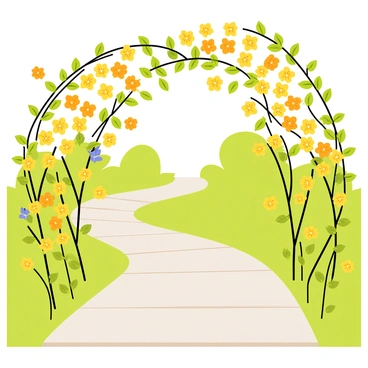 A garden pathway made of light-colored stone tiles leads through a lush green area. On both sides of the pathway, vibrant "honeysuckle vines" are in full bloom, showcasing clusters of yellow and orange flowers. The vines weave and intertwine with each other, creating a natural archway over the pathway. Soft green leaves surround the flowers, adding depth to the scene. Sunlight filters through the foliage, casting gentle shadows on the pathway. Small butterflies in shades of blue and orange flutter among the flowers, enhancing the lively atmosphere of the garden.