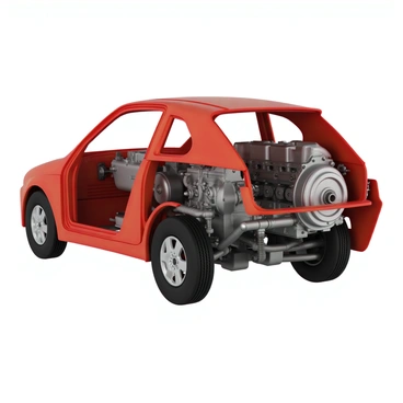 A cutaway view of a car showcasing the internal components. The exterior is painted a bright red, while the interior reveals various mechanical parts. The transmission system is prominently displayed, situated near the rear of the engine compartment. It features a sleek metallic casing with visible gears and connections. The cutaway also shows the engine, exhaust system, and driveshaft, all meticulously arranged to illustrate the car's engineering. The wheels are partially visible, contributing to the overall structure of the car.