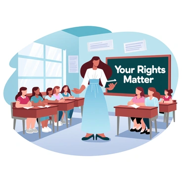 A woman stands confidently at the front of a classroom filled with young girls sitting at wooden desks. The woman is wearing a historical dress, with a long, flowing skirt and a fitted bodice, and she holds a book in one hand. The girls, dressed in simple period attire, are listening intently, some taking notes on paper with pencils. A large blackboard behind the woman features the words "Your Rights Matter" written in clear letters. Educational posters about voting rights are tacked to the walls, adding to the learning environment. Sunlight streams through the windows, creating a warm atmosphere in the room.