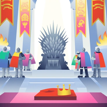 A grand coronation ceremony is taking place in a vast hall. The "Iron Throne," an imposing structure made of sharp swords, stands prominently in the center of the scene. Surrounding the throne are several armored knights, each wearing intricately designed helmets and colorful capes, standing in formation. Various "banners" featuring bold heraldic symbols and vibrant colors hang from the walls, adding to the regal atmosphere. In the foreground, a richly adorned table holds a golden crown resting on a plush red cushion. The hall is illuminated by flickering torches, casting dynamic shadows across the stone walls.