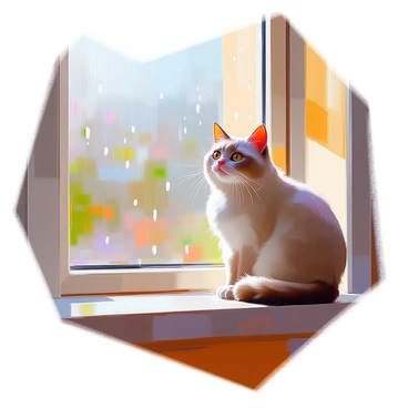 A fluffy cat with a soft, thick coat of fur, sitting on a windowsill, intently watching raindrops as they race down the clear glass of a window pane. The cat has large, bright eyes that are fixated on the droplets, its ears perked up in curiosity. Outside the window, a blurred view of a rainy landscape can be seen, with hints of green foliage and muted colors. The interior of the room is softly lit, casting a warm glow that highlights the cat's fur and creates a cozy atmosphere.
