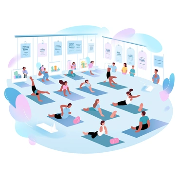 A large fitness expo is taking place inside an expansive hall filled with people engaged in various workout sessions. In one area, a group of participants is doing yoga, with their mats laid out in neat rows, surrounded by colorful exercise equipment. Nearby, another group is attending a high-intensity interval training class, where an instructor is demonstrating exercises with energetic movements. Stands displaying health products such as protein powders, energy bars, and fitness gear are placed throughout the venue. Banners with motivational quotes like "Push Your Limits" are hanging from the ceiling. Participants of all ages and backgrounds are actively involved, showcasing their enthusiasm for health and fitness.