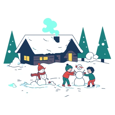 A snowy landscape covered in a thick layer of white snow. In the foreground, several children are joyfully building snowmen, with one snowman wearing a red scarf and another having a teal carrot nose. Nearby, a cozy cabin made of dark wooden logs has smoke gently rising from its chimney. The cabin's windows emit a warm yellow glow, contrasting with the cold environment outside. Snow-covered trees surround the area, adding to the winter atmosphere.