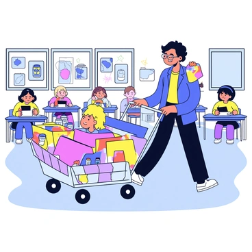 A teacher pushing a cart of art supplies through a vibrant classroom.