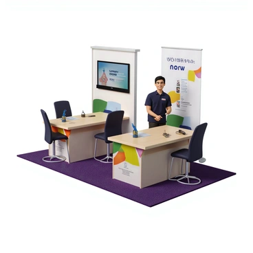 A recruitment fair booth designed for hiring new call center agents. The booth features a large, colorful banner with the words "Hiring Now" in bold letters. There are two sleek, modern tables displaying brochures and information about the company. On one table, there are several branded pens and notepads for potential applicants. High-backed chairs surround the tables for interviews. A friendly recruitment agent, wearing a branded polo shirt and name badge, stands behind the booth, smiling and engaging with visitors. There is a digital screen showcasing company culture and employee testimonials in the background. The floor is covered with a bright carpet that enhances the welcoming atmosphere.