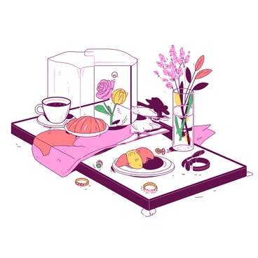 A duotone display features a collection of sparkling jewelry pieces glimmering under soft light. The jewelry includes rings, necklaces, and earrings, each showcasing intricate designs and brilliant gemstones. In the background, a breakfast setting is subtly reflected in the glass surface where the jewelry is placed, highlighting a neatly set table with a plate of pastries, a cup of coffee, and a small vase of flowers. The overall composition emphasizes the elegance of the jewelry alongside the cozy breakfast scene.