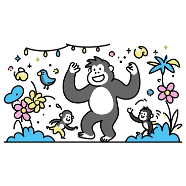 A large gorilla, "Donkey Kong," is seen dancing energetically in a vibrant jungle setting. He is surrounded by colorful tropical plants and trees, with bright flowers dotting the landscape. Around him, several smaller animal friends, including a "tiny monkey" and a "parrot," join in the fun, all engaging in various dance moves. They are depicted with joyful expressions, caught in the moment of celebration. Above them, twinkling lights hang from branches, adding to the festive atmosphere of the jungle party.