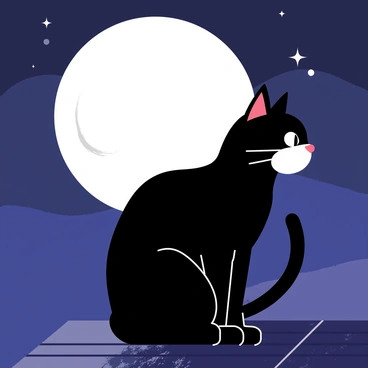 A tuxedo cat with striking black and white fur is sitting on a rooftop. The cat's silhouette is defined against a large, luminous full moon that dominates the night sky. The moon casts a gentle light, illuminating the edges of the cat's ears and tail. In the background, there are a few scattered stars twinkling in the deep blue night sky. The rooftop has a textured surface that adds depth to the scene.