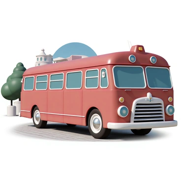 A vintage British school bus model, featuring a bright red exterior with shiny chrome details. The bus has large, rounded windows and a classic front grille adorned with chrome accents. It is parked on a cobblestone street, surrounded by green trees and small brick buildings. The bus's roof is slightly rounded and includes a light fixture at the front, adding to its nostalgic charm. The scene is set during the day under a clear blue sky, highlighting the bus's vibrant color and details.