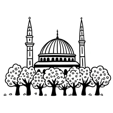 The "Hagia Sophia" with its large, stunning dome and multiple minarets prominently featured. The silhouette of the building stands tall against a backdrop of numerous "blooming cherry blossoms" filling the foreground. The branches of the cherry trees extend gracefully, their blossoms creating a soft frame around the architectural marvel. Small petals are scattered on the ground, adding to the scene's detail.