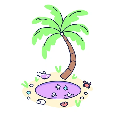 A small tide pool is situated at the base of a tall coconut tree, its trunk extending upward with lush green fronds. The tide pool is filled with clear water, reflecting its surroundings. Inside the pool, several tiny sea creatures are visible, including small starfish with distinct arms and colorful shells. Nearby, a tiny crab scuttles across the sandy bottom. Various smooth pebbles and bits of seaweed are scattered around the edges of the tide pool, completing the natural scene.