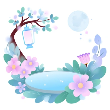 A large, blossoming garden is filled with various vibrant flowers in full bloom. Soft, glowing lanterns are hanging from the branches of a nearby tree, casting a warm light. The full moon hangs high in the night sky, radiating a gentle, silver light that reflects off a small, tranquil pond in the center of the garden. Delicate fireflies are dancing around the flowers, adding a sparkle to the serene atmosphere. Lush green leaves surround the area, complementing the colorful blossoms and creating a whimsical scene.