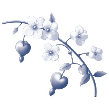 A "bleeding heart flower" with its characteristic heart-shaped blossoms is hanging gracefully from a flowering branch. The branch extends outward, adorned with multiple clusters of blooms in various stages of openness. The background features a clear "blue sky," providing a vibrant contrast to the delicate flowers. The leaves of the branch are detailed, adding texture to the composition, while the overall arrangement exudes a sense of gentle elegance.
