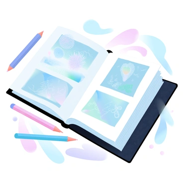 An artist's portfolio open to reveal a selection of detailed illustration samples