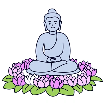 A stone statue of Buddha sits peacefully in a tranquil setting. The statue has a calm expression, with hands resting in a meditative pose. Surrounding the statue are numerous blooming lotus flowers, each with delicate pink and white petals. The flowers are arranged in a circular pattern around the base of the statue, adding a vibrant touch to the scene. The ground is covered with lush green leaves, complementing the serene atmosphere.