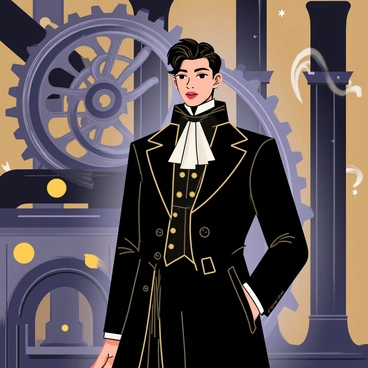 A character resembling "Lucifer" dressed in a Victorian-style outfit with ornate details, featuring a long dark coat and high collar. He has striking features with piercing eyes and elegantly styled hair. Surrounding him are large, intricate gears and steam machinery, with pipes releasing wisps of steam. The background includes a blend of dark metallic tones and soft glowing lights from the machinery, creating an atmospheric scene.