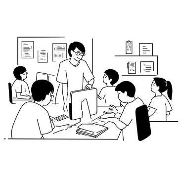 A teacher is standing next to a student at a desk in a tech room, assisting them with coding on a computer. The teacher is wearing a short-sleeved shirt and glasses, leaning slightly over to point at the computer screen. The student, sitting at the desk, is focused on the screen, with short hair and wearing a casual t-shirt. Several other students can be seen at nearby desks, each working on their own computers, with coding books and notes scattered on the surfaces. The room is equipped with shelves filled with technology-related materials and posters about programming on the walls.