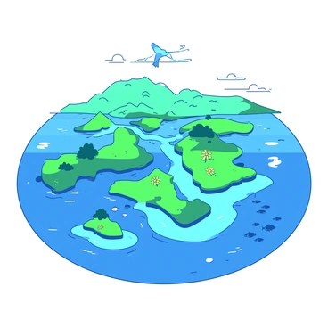A blue river delta is spreading into a teal ocean, creating a network of branching waterways. The delta features lush green vegetation along its banks, with vibrant patches of yellow flowers dotting the landscape. The sun is casting reflections on the water's surface, enhancing the contrast between the blue of the river and the teal of the ocean. Small fish can be seen swimming in the clear waters of the delta, while birds are flying above, adding life to the scene.