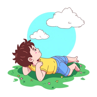 A small child with tousled brown hair is lying on a vibrant green patch of grass. The child is wearing a bright yellow t-shirt and denim shorts, with bare feet resting on the ground. Above, fluffy white clouds drift lazily across a clear blue sky. The child has their hands tucked behind their head, gazing up dreamily at the clouds, with a look of wonder on their face. Surrounding the child are small wildflowers of various colors dotting the grass, creating a lively scene of nature.