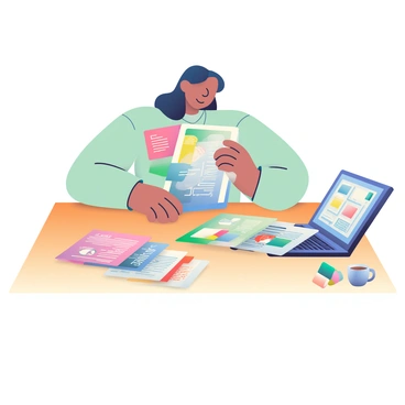 A professional with dark hair is sitting at a wooden table, carefully assembling a media kit. In front of them, there are several colorful brochures spread out, showcasing different designs and content. Several USB drives in various colors are neatly arranged beside the brochures. The person is holding a stack of press releases, checking the documents for accuracy. The table is well-organized, with a laptop open nearby displaying a digital version of the media kit. A cup of coffee sits on the corner of the table, adding to the work environment.