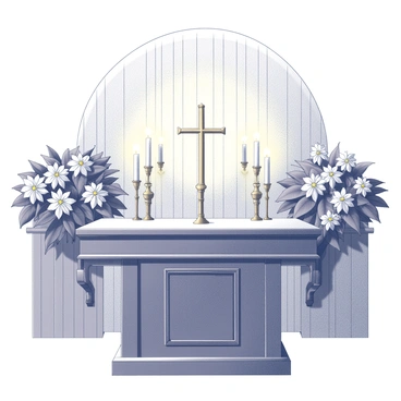 A church altar set against a backdrop of intricate woodwork. The altar is decorated with lush "poinsettias" arranged in clusters, their leaves spread wide. "Glowing candles" of various heights are placed strategically among the flowers, casting light and creating soft shadows. The altar itself is made of polished wood, with ornate carvings that add to the solemnity of the setting. A golden cross stands prominently at the center, enhancing the sacred atmosphere.