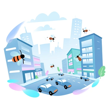 A group of cartoon flies with colorful bodies and animated wings is flying around a bustling cityscape. The flies are zipping between the tall buildings that have various architectural styles, showcasing glass windows and vibrant colors. Below, multiple cars are moving along wide streets, contributing to the lively atmosphere. In the background, towering skyscrapers rise into the sky, while smaller shops and cafés line the sidewalks. The overall scene reflects an energetic urban environment with plenty of activity.