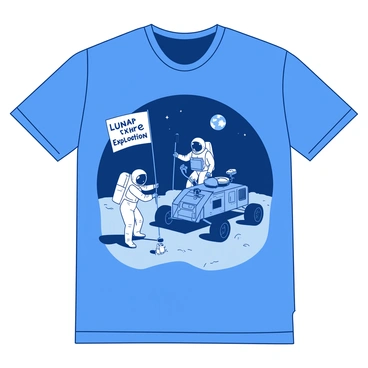 A blue t-shirt features an illustration of a lunar landing scene. Two astronauts with white suits are stepping onto the gray surface of the moon, one of them planting a flag with the words "Lunar Exploration" written on it. A gray moon rover is positioned nearby, with its large wheels and various scientific instruments visible. In the background, the earth can be seen in the dark sky, adding depth to the scene. The astronauts are interacting with the rover, examining equipment as they explore the lunar landscape.