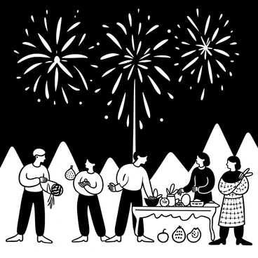 A display of "fireworks" illuminating the night sky in a variety of shapes and patterns. Below, a festive gathering of people wrapped in traditional clothing, some holding "candles" and others holding "pomegranates" and "watermelons." A table is set with "fruits" and various "symbolic items" associated with Yalda. The background features "trees" silhouetted against the bright bursts of light in the sky.