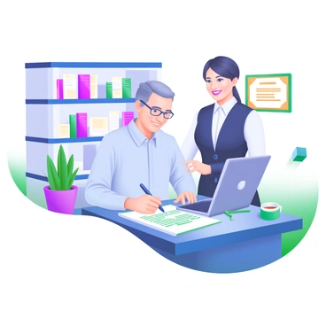 A modern pastel illustration depicting a client sitting at a bank desk, signing a financial agreement. The client is a middle-aged man wearing a light blue shirt and glasses, looking focused as he writes on a document with a pen. The desk is organized, featuring a laptop, a potted plant, and a coffee mug. Behind the desk, a bank representative in a formal outfit is smiling and providing assistance. In the background, there are shelves filled with brochures and a framed certificate on the wall.