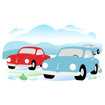 A variety of vintage cars are parked in a sunny open field. The cars display different colors, with hues ranging from bright red to soft pastel blue, reflecting the sunlight. Each car has distinctive features, such as round headlights and classic curves. The field is surrounded by gently rolling hills, and patches of wildflowers can be seen near the cars. A clear blue sky stretches above, enhancing the vibrant colors of the scene.