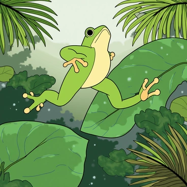 A vibrant green frog with yellow spots is mid-leap, its body arched gracefully through the air. Its limbs are extended, showcasing webbed feet, as it jumps from a large, broad green leaf to another equally sizable leaf. The leaves are lush and glossy, with varying shades of green, reflecting the abundant moisture of the rainforest. Surrounding the scene are large tropical plants and ferns, adding to the dense, humid atmosphere. Droplets of water glisten on the leaves, and the background is filled with soft hints of other foliage and colors typical of a vibrant rainforest environment.