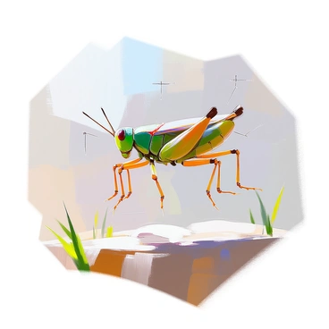 An illustration displaying the biomechanics of a grasshopper's jump. The image features a detailed side view of a grasshopper in mid-jump, showcasing its powerful hind legs extended beneath its body. The legs are muscular and segmented, with joints highlighted to demonstrate their flexibility. Lines and arrows indicate the direction of force and momentum during the leap. The grasshopper's body is depicted in vibrant green and brown hues, with small wings partially open. The ground underneath has a few blades of grass to provide context. Additionally, a transparent overlay illustrates the muscle groups involved in the jump, labeled for clarity.