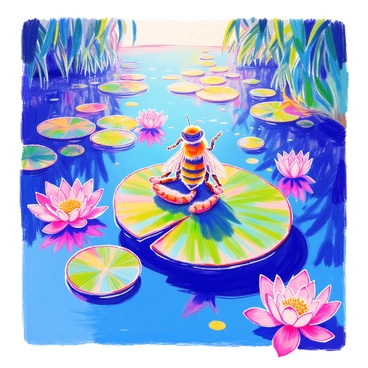 A bee is sitting in a meditative pose on a large green lotus leaf. The bee has intricate patterns on its body and is surrounded by delicate pink lotus flowers that float on the water's surface. The pond is calm, reflecting the vibrant colors of the lotus flowers and the lush greenery around it. Gentle ripples in the water create a serene atmosphere, enhancing the peaceful scene. Sunlight filters through the leaves of nearby trees, casting dappled light on the bee and the lotus leaf.