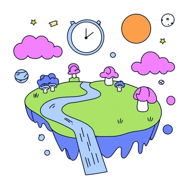 A surreal dreamscape featuring a floating island in the sky. The island is covered in lush green grass and dotted with colorful, oversized mushrooms. A winding river flows off the edge of the island, with crystal-clear water cascading into the clouds below. In the sky, there are fluffy, pink clouds shaped like various animals. A giant clock with melting numbers hangs above the landscape, surrounded by stars and planets. An orange sun casts a soft glow over the scene, illuminating various abstract shapes and patterns that drift in the air.