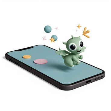 A digital pet, resembling a small green dragon with big expressive eyes and tiny wings, is playfully bouncing around on the screen of a sleek, futuristic 3D smartphone. The smartphone has a glossy black finish and is positioned on a wooden table. Colorful interactive elements, like bouncing balls and sparkling stars, are visible on the screen, enticing the dragon to engage. The dragon occasionally flaps its wings as it chases after the animated items, creating a lively atmosphere centered around the vibrant display of the phone.