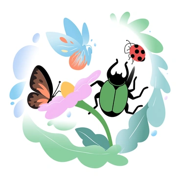A Hercules beetle with a glossy green and black shell is perched on a bright flower. Next to it is a butterfly with colorful wings, displaying a combination of orange, blue, and black patterns. A ladybug with red wings and black spots is climbing up the stem of the flower. The scene is filled with lush green leaves gently surrounding the insects, creating a vibrant natural environment.
