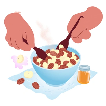 A close-up of hands mixing ingredients to make charoset