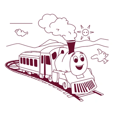 A white cartoon train with a smiling face is chugging along a winding track. The train has exaggerated features, with large, round windows and a puffing smokestack emitting fluffy white clouds of smoke. In the background, there are rolling hills and a bright sun with a cheerful expression. The train is moving energetically, and small birds are flying alongside it, adding to the lively scene.