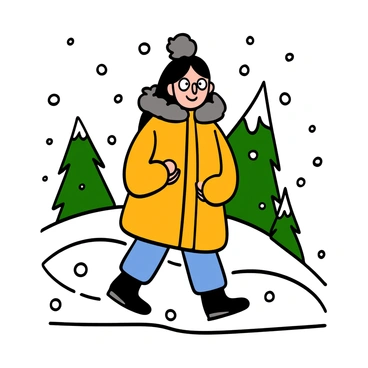 A young woman with light skin and long dark hair bundled in a cozy winter coat, walking through a snowy landscape. She has big eyes and a cheerful expression. Snowflakes are gently falling around her, creating a beautiful winter atmosphere. The coat is thick and puffy, with a fur-lined hood. The ground is covered with fresh snow, and there are snow-covered trees in the background, enhancing the wintry scene.