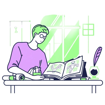 An artist is seated at a wooden desk, carefully illustrating a historical anatomy book. The desk is cluttered with various tools; a glass inkwell filled with dark ink and a feather quill resting beside it. The artist is focused, with one hand holding the quill and the other hand gently turning the pages of the book. The open book displays detailed anatomical drawings, showcasing the human body with intricate annotations in an elegant script. Sunlight streams in from a nearby window, illuminating the artist's concentrated expression as they capture the fine details of the illustrations. A rolled-up parchment lies on the desk, hinting at additional work in progress.