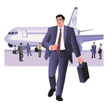A busy executive is walking towards a sleek airplane on the tarmac. The executive is a middle-aged man with short black hair, wearing a tailored dark blue suit, a white dress shirt, and a burgundy tie. He has a black leather briefcase in his right hand and is glancing at his watch with a focused expression. In the background, there are several airport workers and other travelers moving about, and a clear blue sky stretches above. The airplane is a modern jet with a shiny exterior, displaying a logo on its tail.