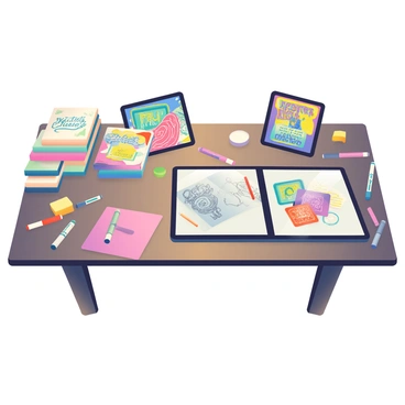 An artist's desk cluttered with digital tablets, styluses, and vector art books