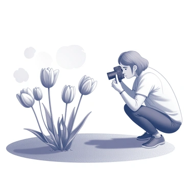 A photographer is positioned on a grassy field, focusing intently on a cluster of rare tulips in full bloom. The tulips have distinct shapes and textures, with elongated petals and intricate details that highlight their uniqueness. The photographer, equipped with a camera, is leaning forward slightly to capture the tulips from an optimal angle. A gentle breeze causes the tulips to sway subtly, adding a sense of movement to the scene. In the background, a blurred outline of additional flowers is visible, creating a harmonious composition with the vibrant tulips at the forefront.
