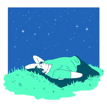 A teal man named "Mr. Sakamoto" is lying on his back on a grassy hill, gazing up at the night sky filled with stars. His hands are placed behind his head, and he has a content expression on his face. The grass around him is lush and green, contrasting with the deep blue of the night. Bright stars twinkle above, forming constellations that shimmer in the vast expanse. A gentle breeze is rustling the grass, adding a sense of tranquility to the scene.
