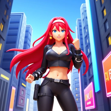 A confident anime heroine with long, flowing hair in a vibrant color, wearing a stylish, modern outfit complete with accessories. She is striking a dynamic pose, showcasing her strength and determination. The cityscape backdrop features tall skyscrapers and neon lights, with a clear blue sky overhead. The heroine's expression is fierce and determined, highlighting her role as a strong character in this urban setting.